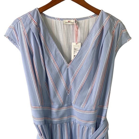 Vineyard Vines Nicholls Stripe Seersucker Tie-Waist Dress Cap Sleeve Bimini Blue - Picture 3 of 16